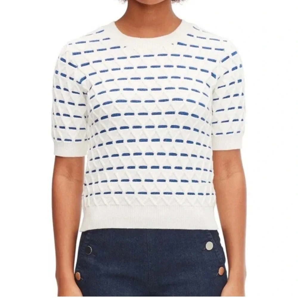 Kate Spade white and blue sparkle babe knit short sleeve pullover sweater